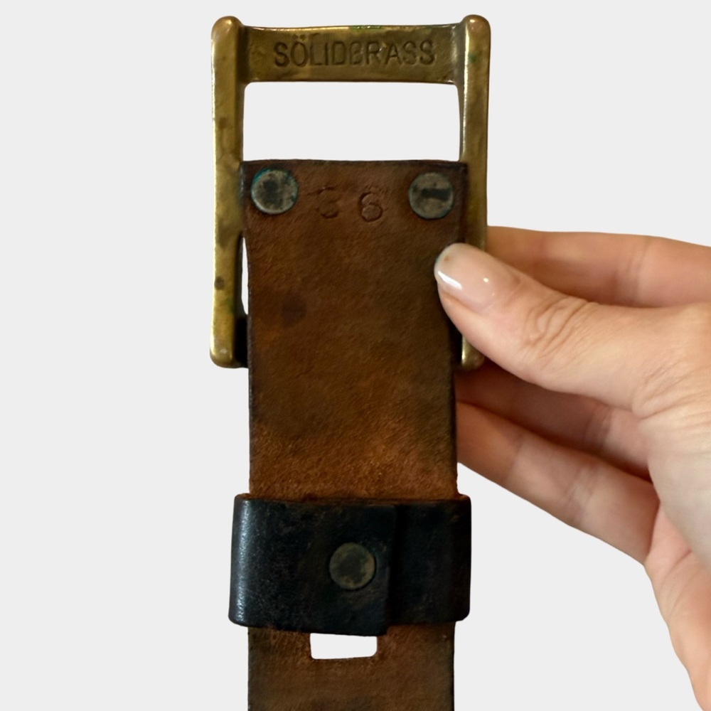 Vintage Leather Belt Solid Brass Buckle Distressed Brown Wide Belt - Picture 5 of 9